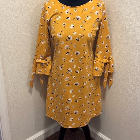 2 FOR $25 Orsay Mustard Yellow Sheath Shift Floral Dress Bell Sleeve 38 6 8 M - Picture 2 of 10